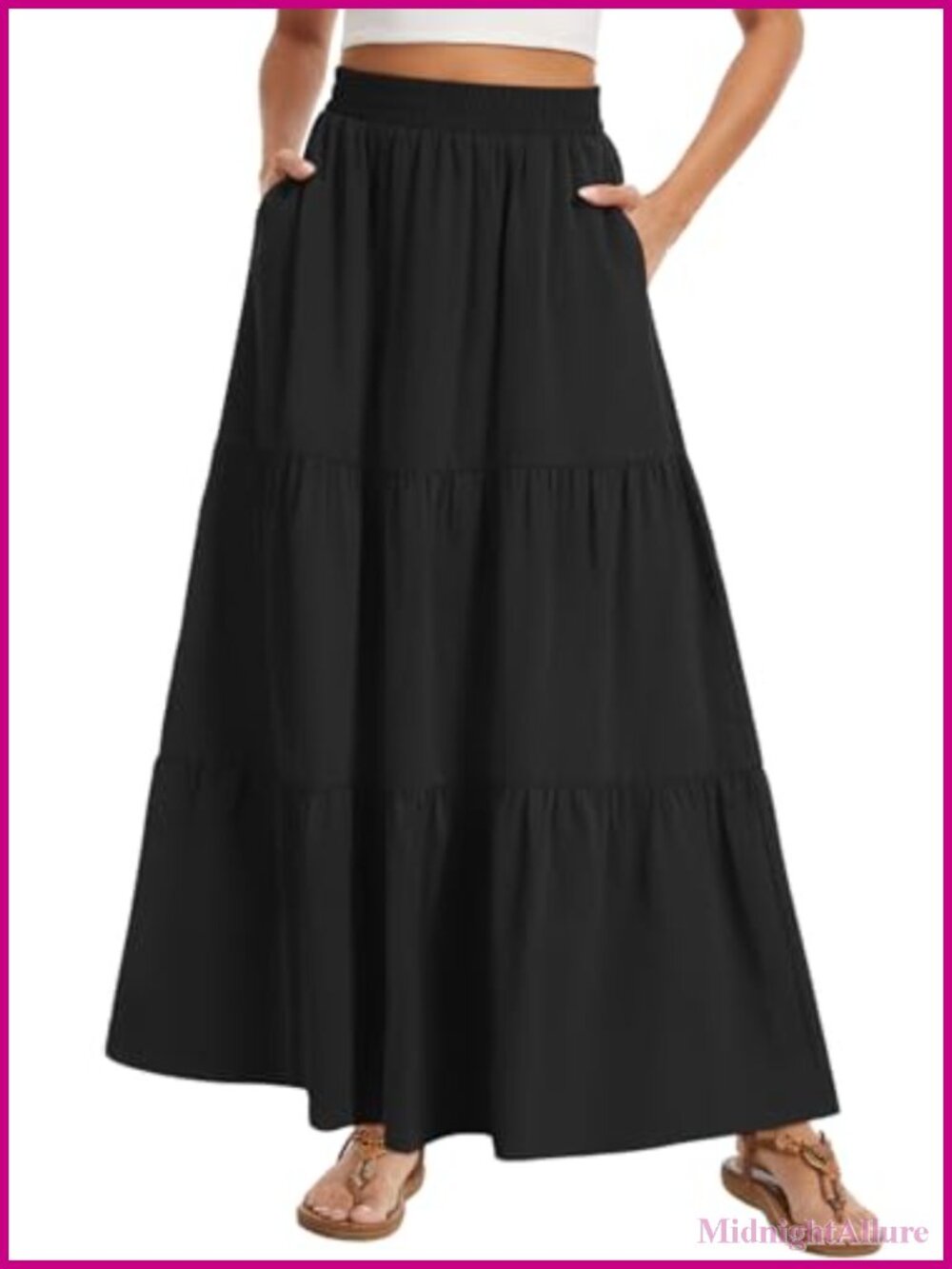 Women's Flowy Boho Maxi Skirt High Waist Tiered A-Line with Pockets